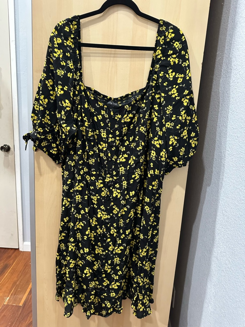 City Chic Black Mini Dress with Yellow Floral Print